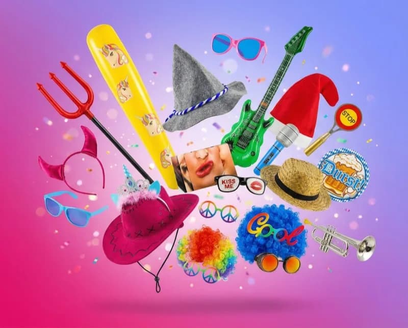 Photobooth props en feestaccessoires: brillen, pruiken, hoeden, opblaasbare props en meer - inbegrepen bij elke fexobox huur